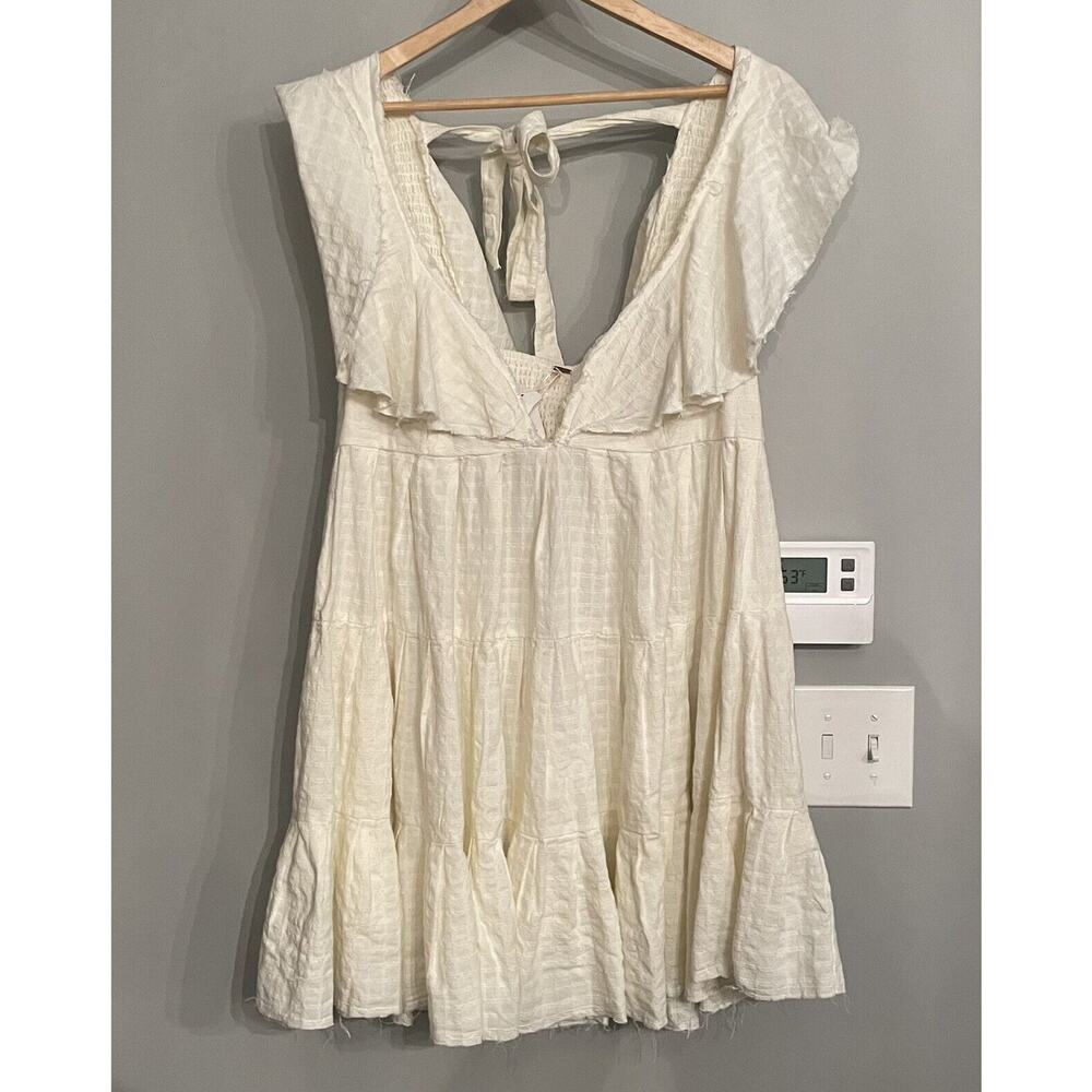 Free People Undone Mini Dress Women's Ecru Wash XL Off Deep V Tiered Boho Beachy